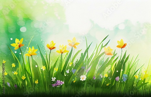  spring flowers and green grass background, watercolor style AI Generated