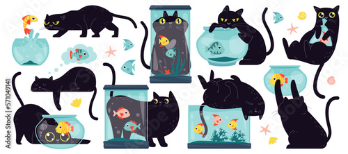 Cat play with aquarium flat icon. Interior decorative glass jar full of water, shell, starfish and flounder fish