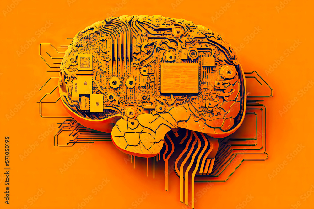 image of human brain machine learning system on orange background