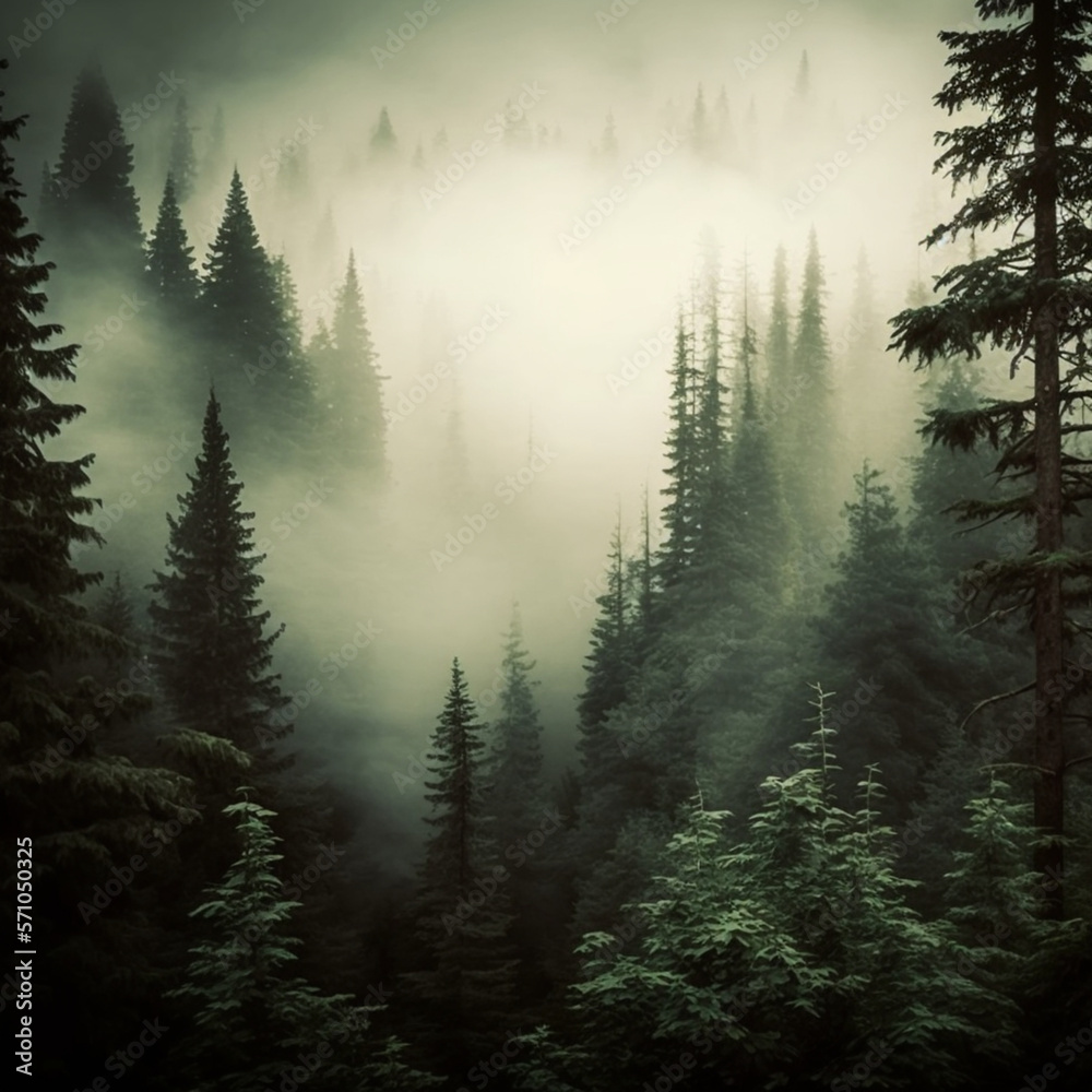 A dense forest with long trees, fog and mountains behind, AI generated.