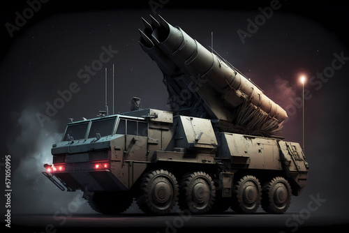 Mobile rocket artillery system or Air defense military truck illustration on dark background photo