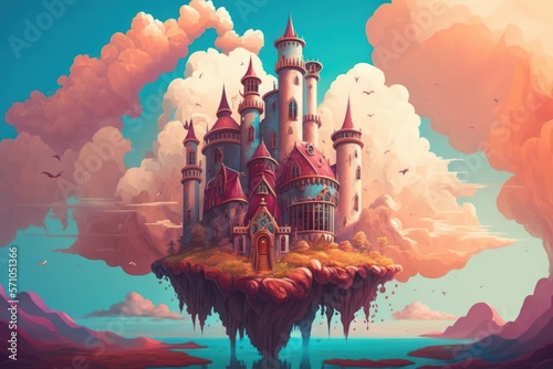 Fairy Tale Castle in the Clouds with Vibrant Colors, generative ai