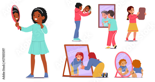 Set Of Children Gazing Into Mirror, Observing Reflection, Displaying Emotions Of Wonder, Surprise Or Self-discovery