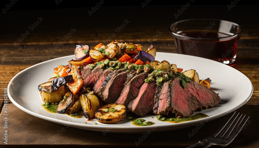 a white plate topped with meat and vegetables next to a glass of wine and a fork and knife on a wooden table top with a wooden table. generative ai a white plate topped with meat and vegetables next to a glass of wine and a fork and knife on a wooden table top with a wooden table. generative ai
