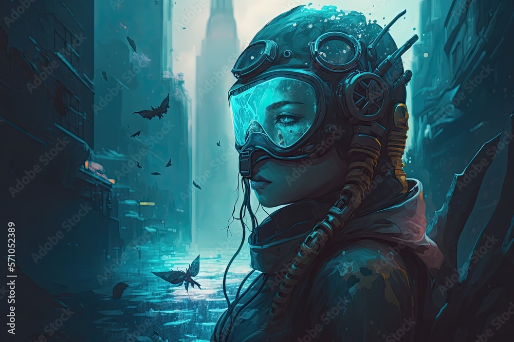 Futuristic cyberpunk illustration of under water city cyberpunk lady