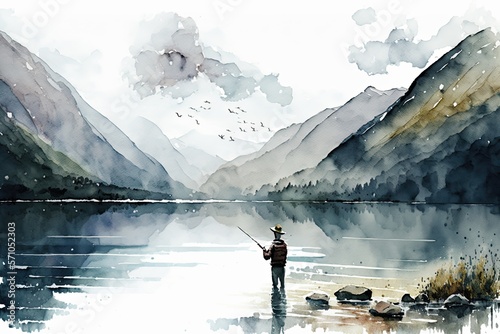 Fisherman fishing on a calm lake, mountains and sky in the background watercolor, ai