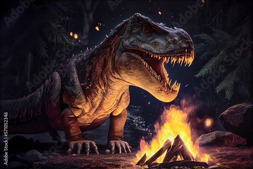 A dinosaur lighting a campfire. Generative AI. © Floren Horcajo