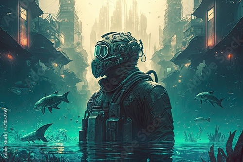 Futuristic cyberpunk illustration of under water city cyberpunk man with scuba mask looking over city underwater, ai 