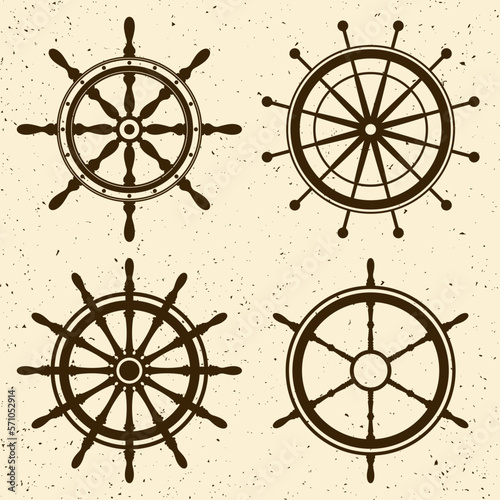 Collection of grunge vintage steering wheels. Ship, yacht retro wheel symbol. Nautical rudder icon. Marine design element. Vector illustration