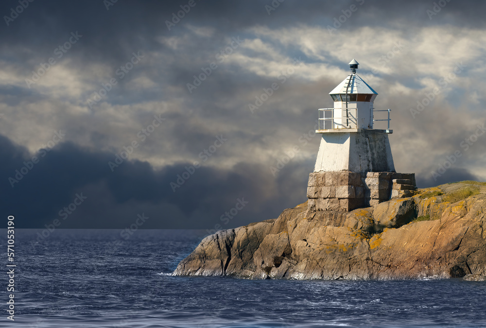 Lighthouse in a dark sea just before storm rising. A photo manipulation. 