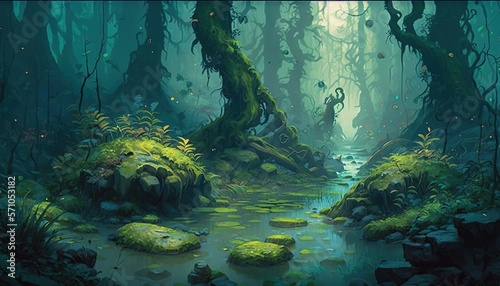  a painting of a swampy area with mossy rocks and trees in the background and a stream running through the center of the area.  generative ai