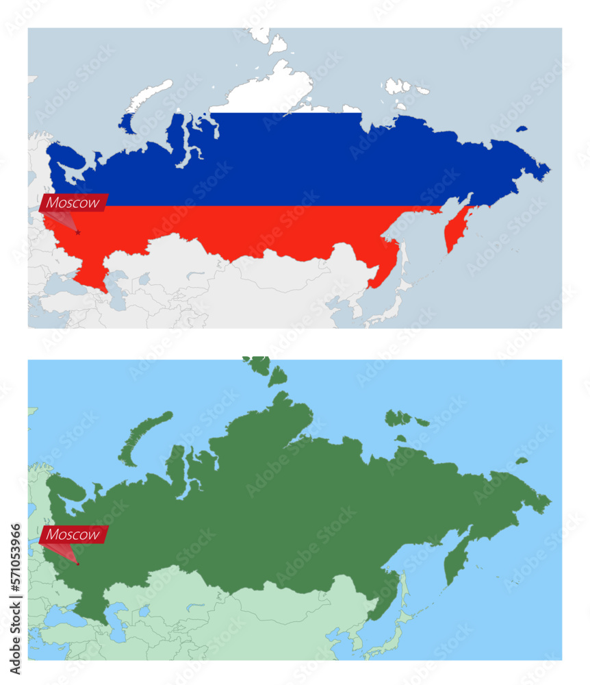 Russia map with pin of country capital. Two types of Russia map with ...