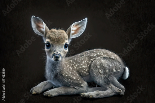 subjugated cute grey fawn with up-side down antlers on dark background, generative ai photo