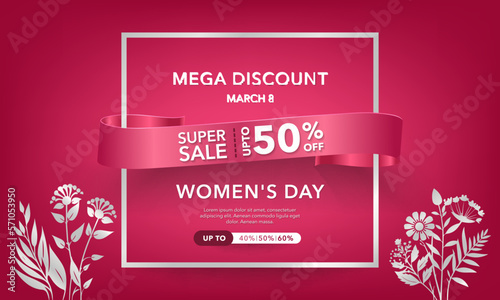 International Women's Day sale poster. 8 March post on red background. Template for banner sale, invitation, stories, streaming. Flowers tulips bouquet. Social media story mockup.