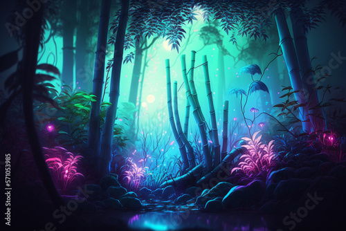 Digital realistic neon enchanted bamboo forest