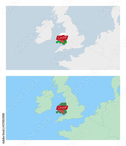 Wales map with pin of country capital. Two types of Wales map with neighboring countries.