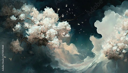 a painting of a tree with white flowers in the foreground and a dark sky with clouds in the background  with a bird flying in the foreground.  generative ai