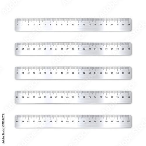 Realistic various brushed metal rulers with measurement scale and divisions, measure marks. School ruler, centimeter scale for length measuring. Office supplies. Vector illustration