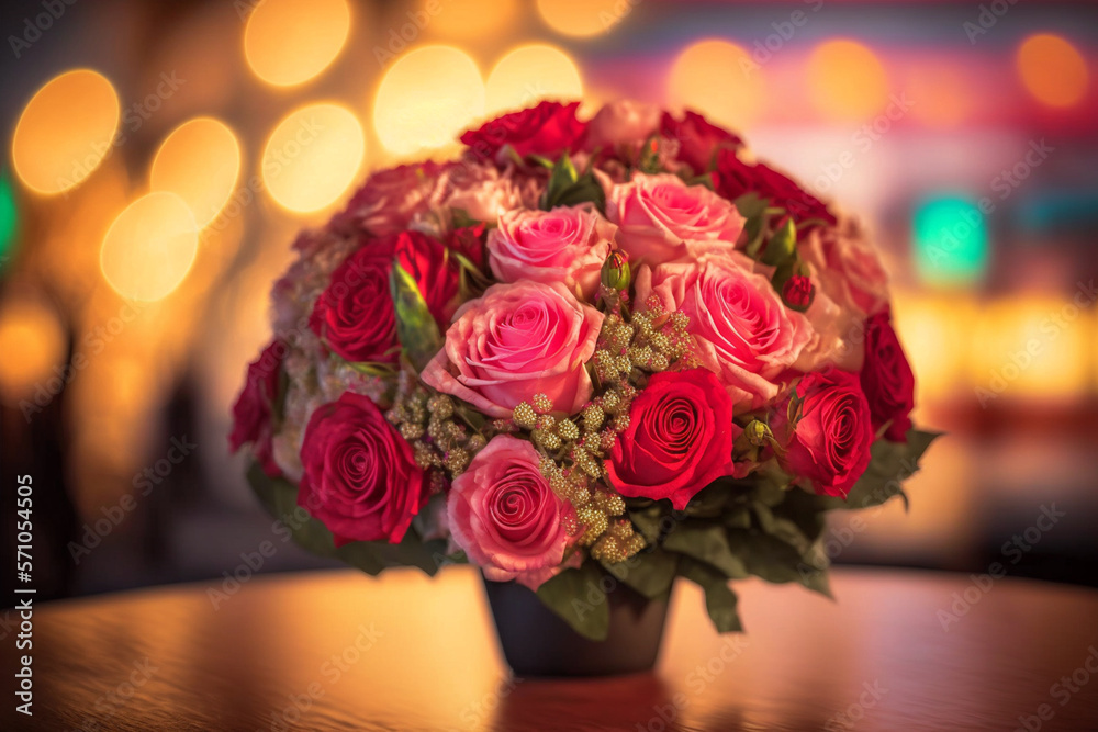 Fototapeta premium beautiful bouquet of roses in a vase over a defocused restaurant or cafe background, romantic gift, love and romance concept, created with generative AI