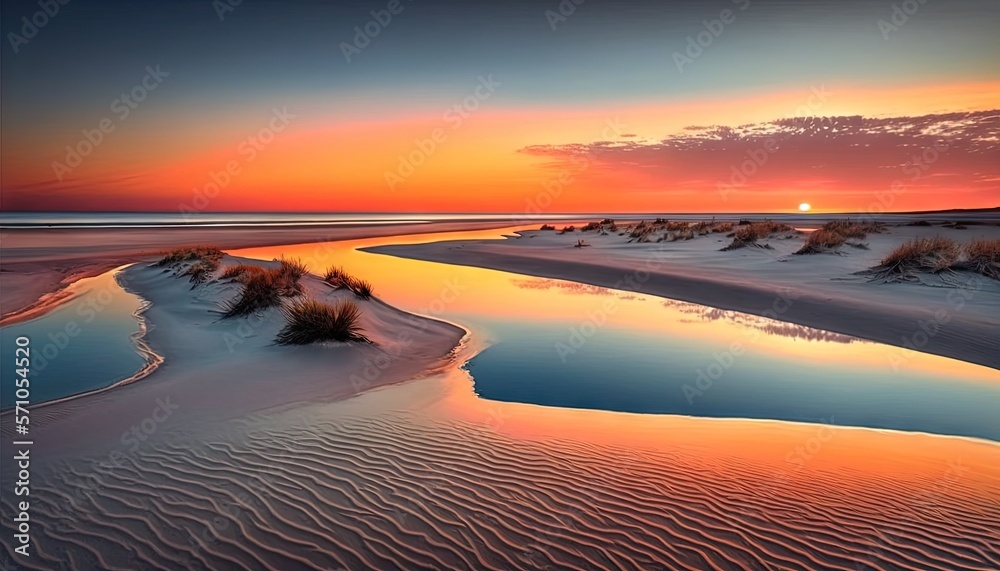  the sun is setting over the water in the sand dunes of a beach with sand dunes and grass in the foreground, and the water reflecting the sky.  generative ai