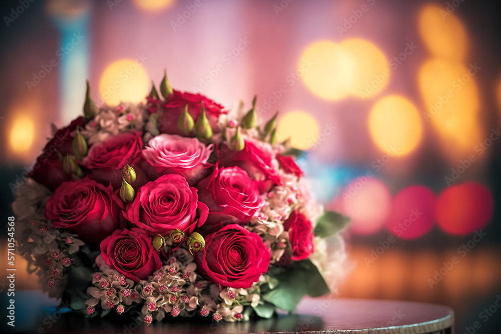 Obraz premium beautiful bouquet of roses on a table over a defocused restaurant or cafe background, romantic gift, love and romance concept, created with generative AI