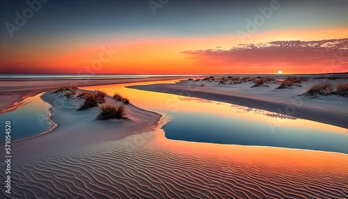  the sun is setting over the water in the sand dunes of a beach with sand dunes and grass in the foreground, and the water reflecting the sky. generative ai