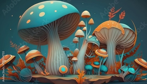  a bunch of mushrooms that are in the grass with leaves on them and a blue background with white dots on the top of the mushrooms.  generative ai