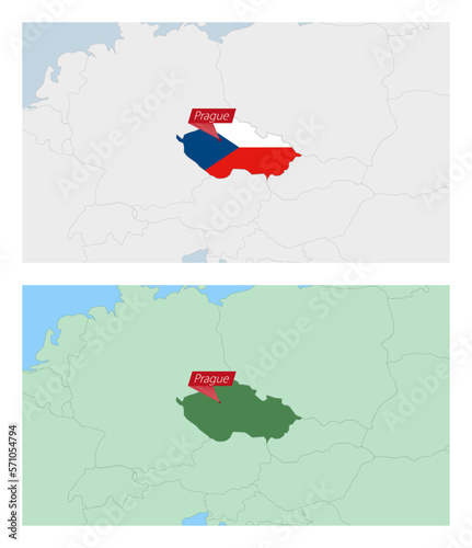 Czech Republic map with pin of country capital. Two types of Czech Republic map with neighboring countries.