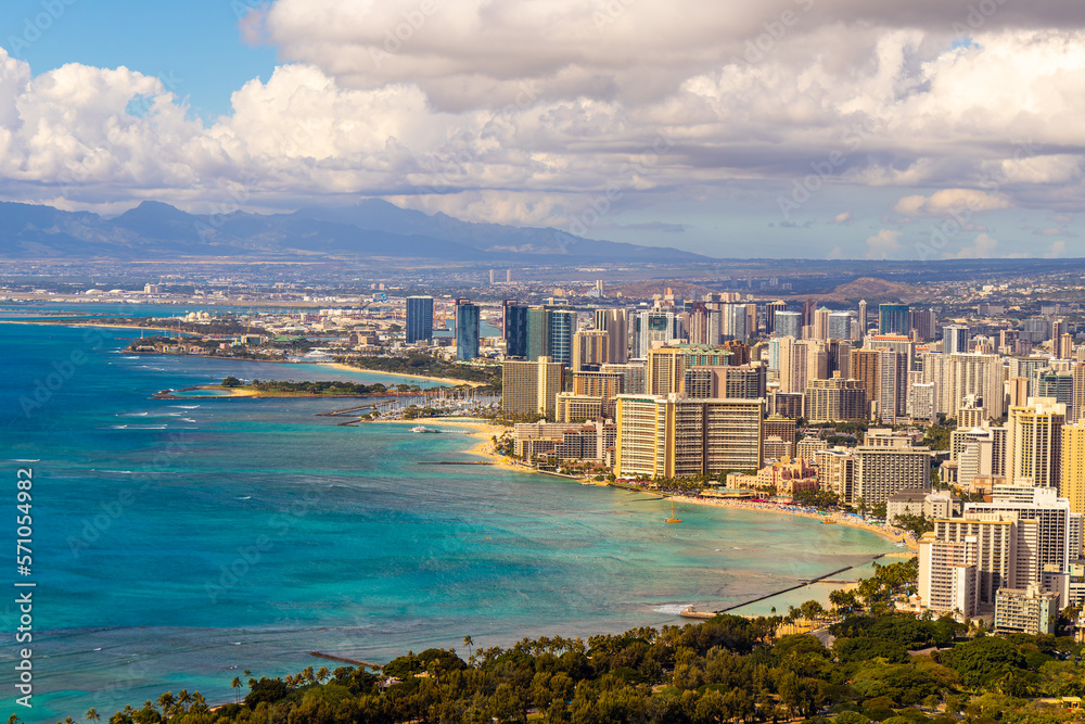 View of Waikiki, Honolulu skyline from Diamond Head. 