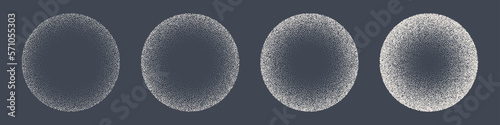 Round shaped dotted objects  stipple elements. Fading gradient. Stippling  dotwork drawing  shading using dots. Pixel disintegration  halftone effect. White noise grainy texture. Vector illustration