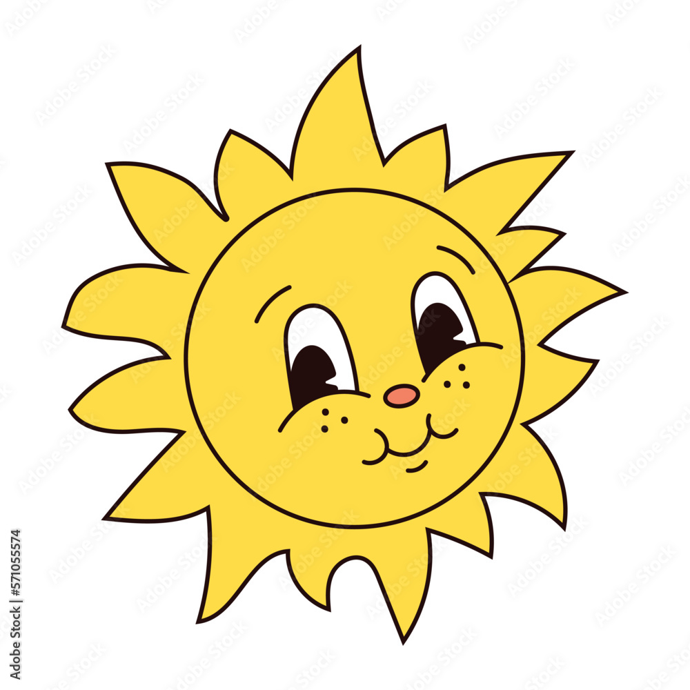 Retro groovy easter sun mascot in trendy cartoon 60s 70s style. Old classic cartoon style. Cute sun. Flat vector illustration in yellow colors.