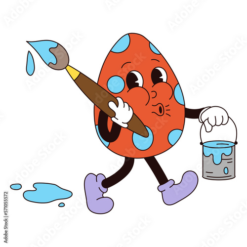 Retro groovy easter egg mascot in trendy cartoon 60s 70s style. Old classic cartoon style. Egg with a brush and a can of paint. Flat vector illustration in blue, red colors.