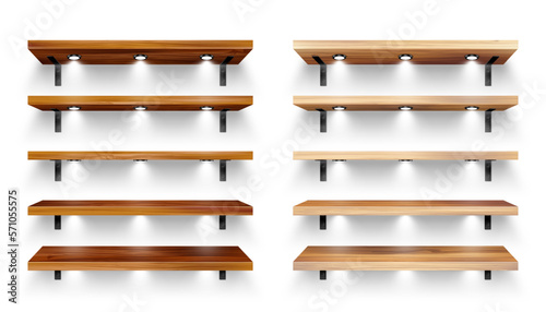 Realistic wooden store shelves with wall mount and lighting, spotlights. Empty product shelf, grocery wall rack. Mall and supermarket furniture, bookshelf. Interior design. Vector illustration