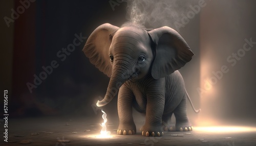  a small elephant standing in a dark room with a light shining on it s face and trunk  with a cloud of smoke coming from its trunk.  generative ai