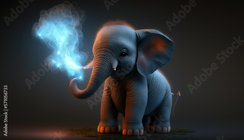  a small elephant with a blue flame in its trunk and a black background with a red spot on its trunk and a black background with a red spot. generative ai