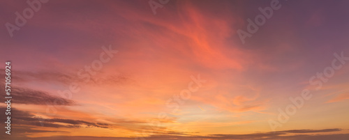 Aerial  panoramic view  of colorful  pink and red colored evening sky without obstacles in the front. Ideal for sky replacement projects. 