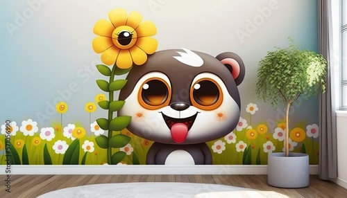  a cartoon bear with a flower sticking out of its mouth in a room with a flower on the wall and a potted plant in the corner.  generative ai photo