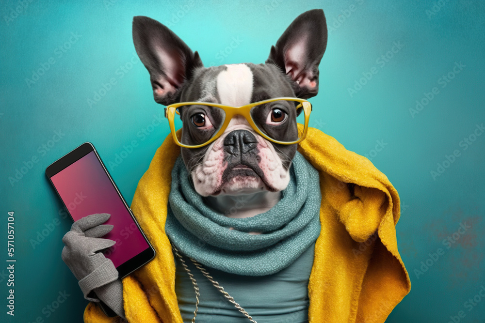 Φωτογραφία Studio photo portrait of a happy dog in hipster clothes using phone, concept of