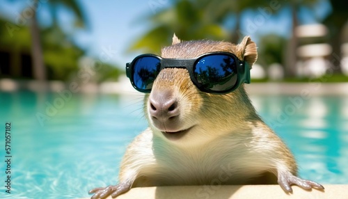  a small animal wearing sunglasses sitting on a ledge near a pool of water with palm trees in the backgrouds and a building in the background. generative ai