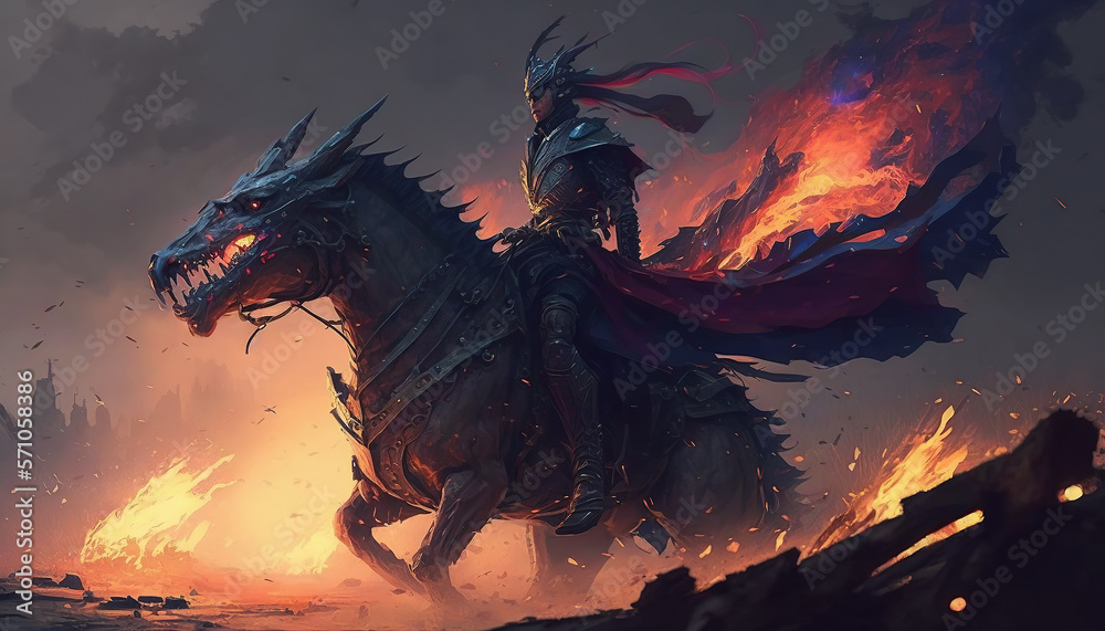 Surreal illustration of a knight riding a huge dragon. Surreal illustration of a knight riding a huge dragon.