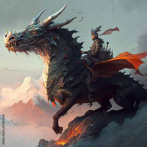 Surreal illustration of a knight riding a huge dragon.