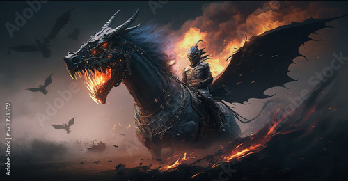 Surreal illustration of a knight riding a huge dragon. © Jacques Evangelista