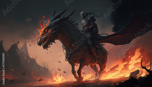 Fotografia Surreal illustration of a knight riding a huge dragon.