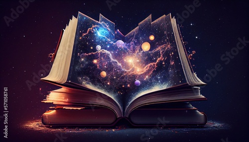 Astrology or astronomy book of the universe - opened old magic book with space, galaxy, planets and stars.  photo