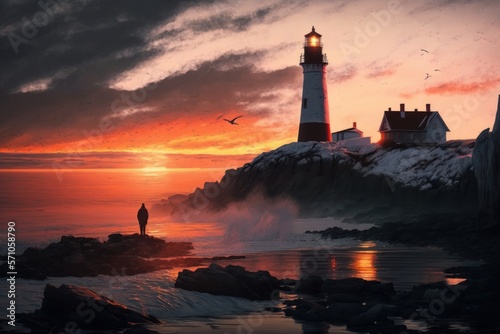 Leuchtturm an einer Küste, während einem Sonnenuntergang mit menschlicher Silhouette 