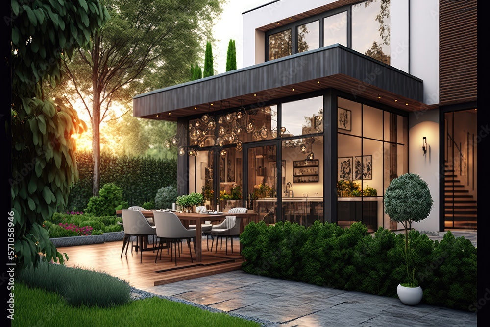 Luxury modern residence building - family villa with a futuristic design, exterior. AI generative. - obrazy, fototapety, plakaty 