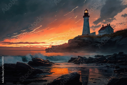 Leuchtturm an einer Küste, während einem Sonnenuntergang mit menschlicher Silhouette 