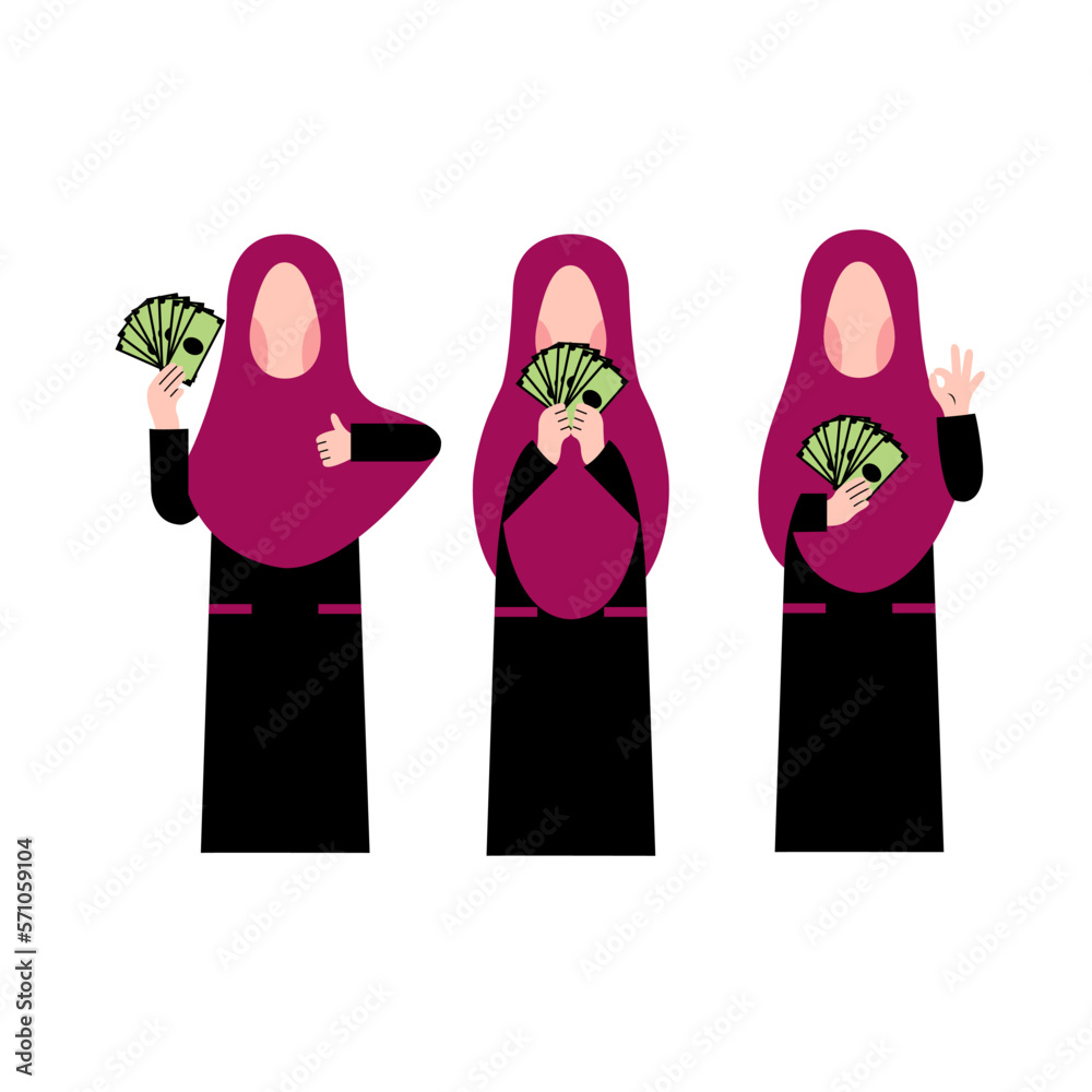 Set Of Hijab Woman Holding Money Set Of Hijab Woman Holding Money