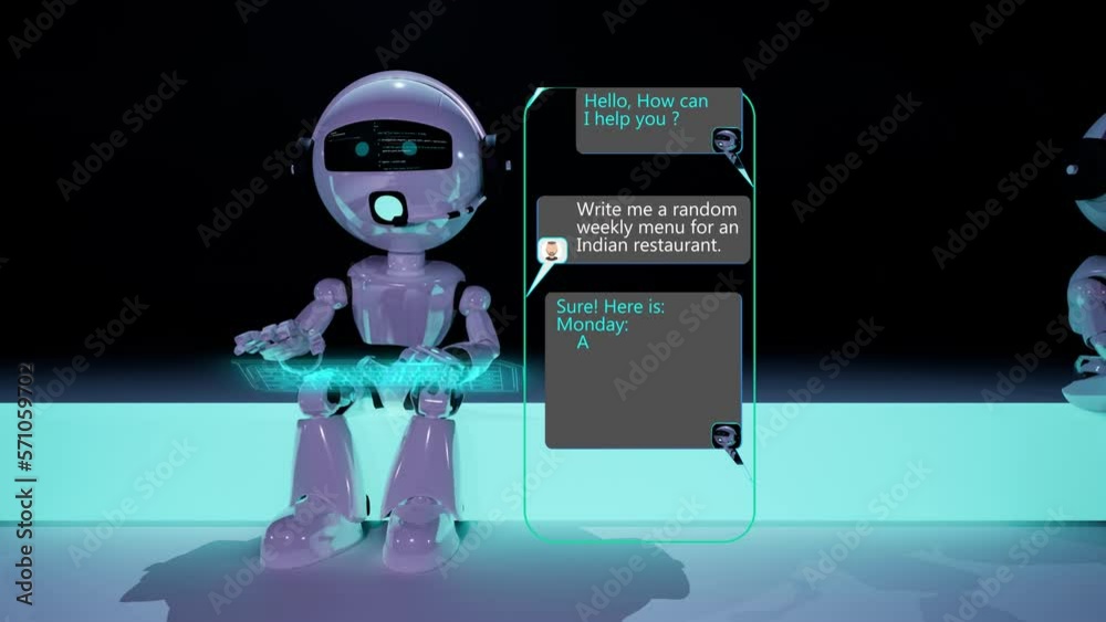 sitting futuristic robot chatting with customer on website and help and care about him. A.i. animation of chatbot with hud interface keyboard