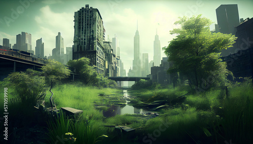 Post apocalyptic city regrown grass lush environment generative ai
